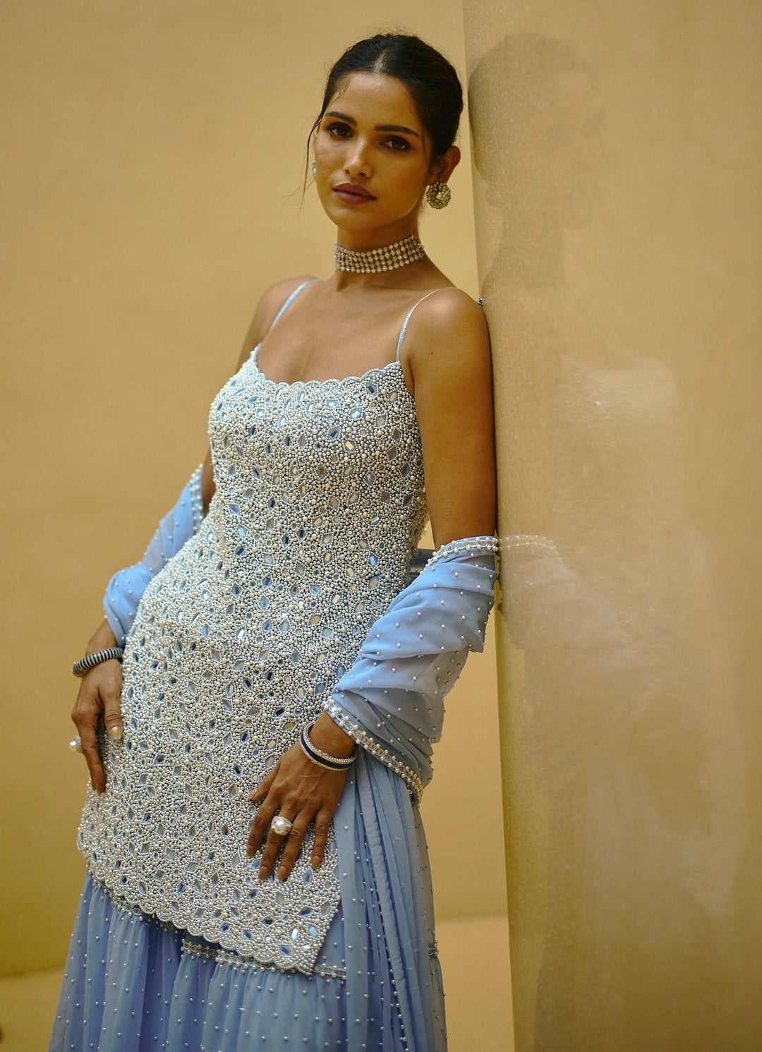 Dew Blue Pearl Embroidered Georgette Kurta Sharara Set Vvani by Vani Vats - Fabilicious Fashion