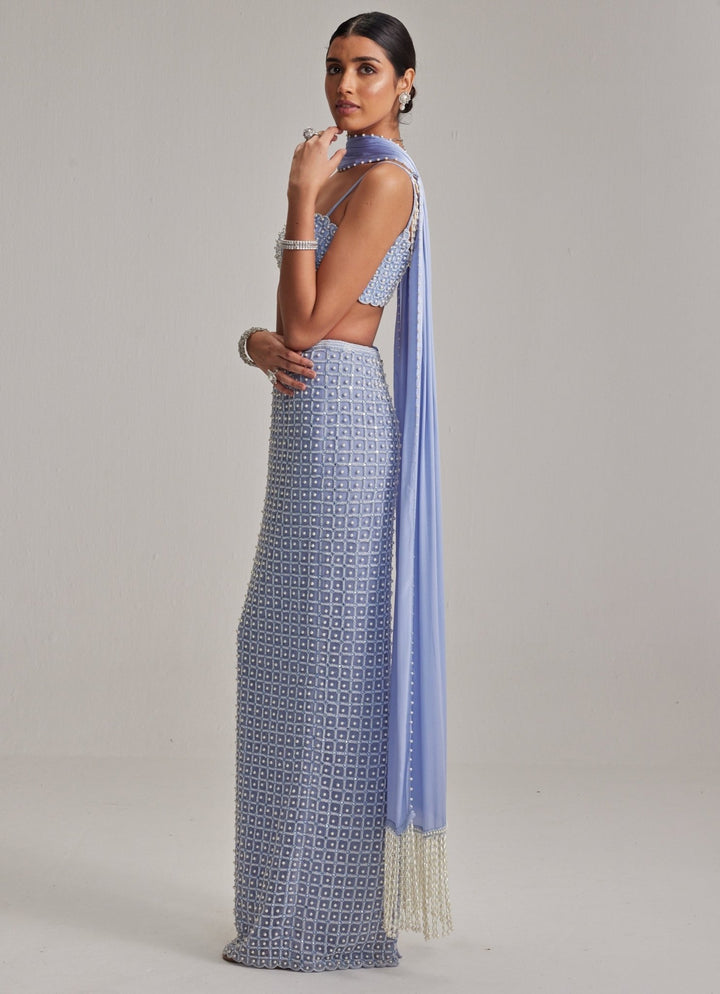 Dew Blue Pearl Embroidered Pencil Skirt Set Vvani by Vani Vats - Fabilicious Fashion