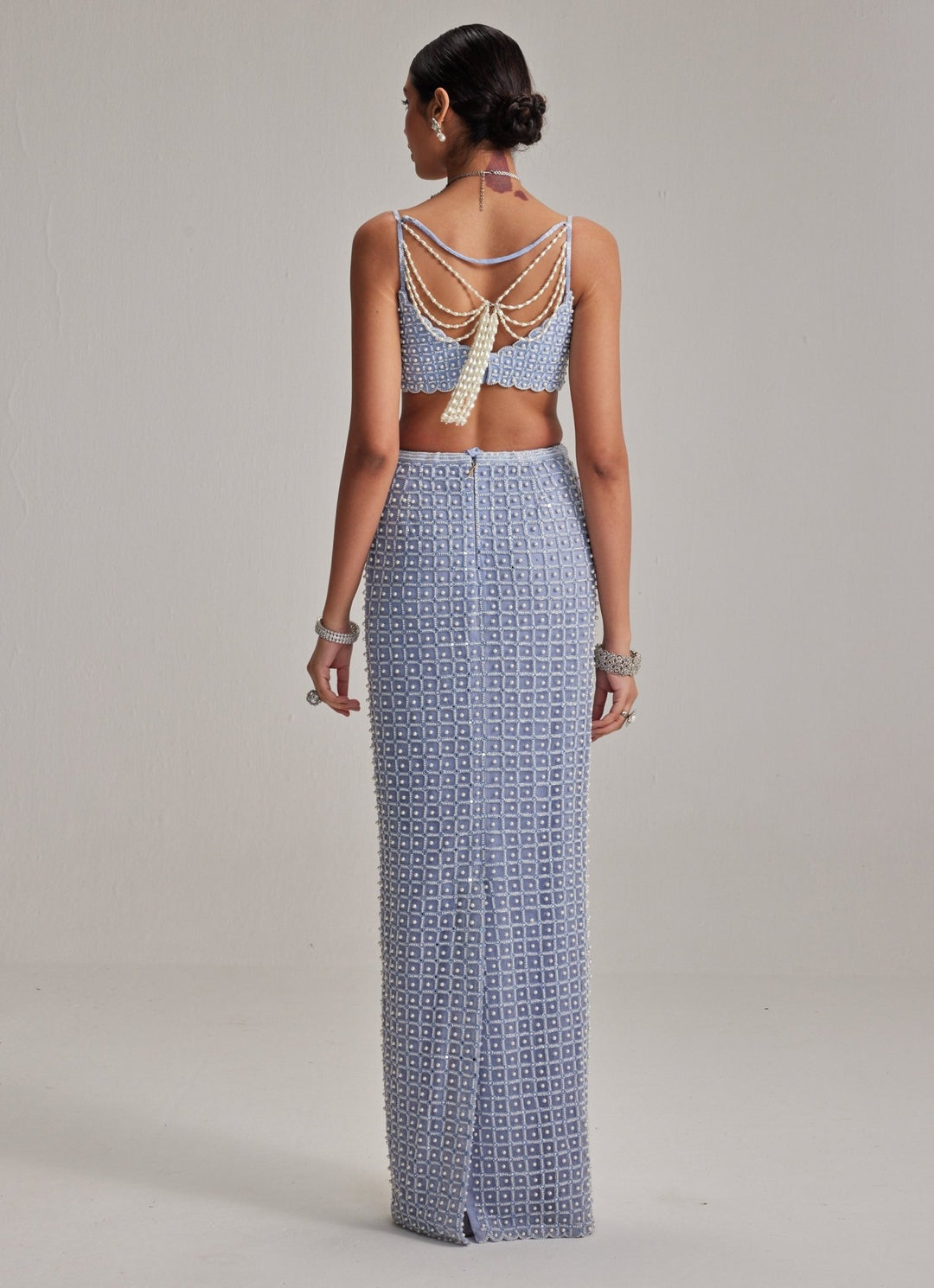 Dew Blue Pearl Embroidered Pencil Skirt Set Vvani by Vani Vats - Fabilicious Fashion