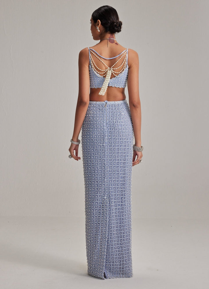 Dew Blue Pearl Embroidered Pencil Skirt Set Vvani by Vani Vats - Fabilicious Fashion