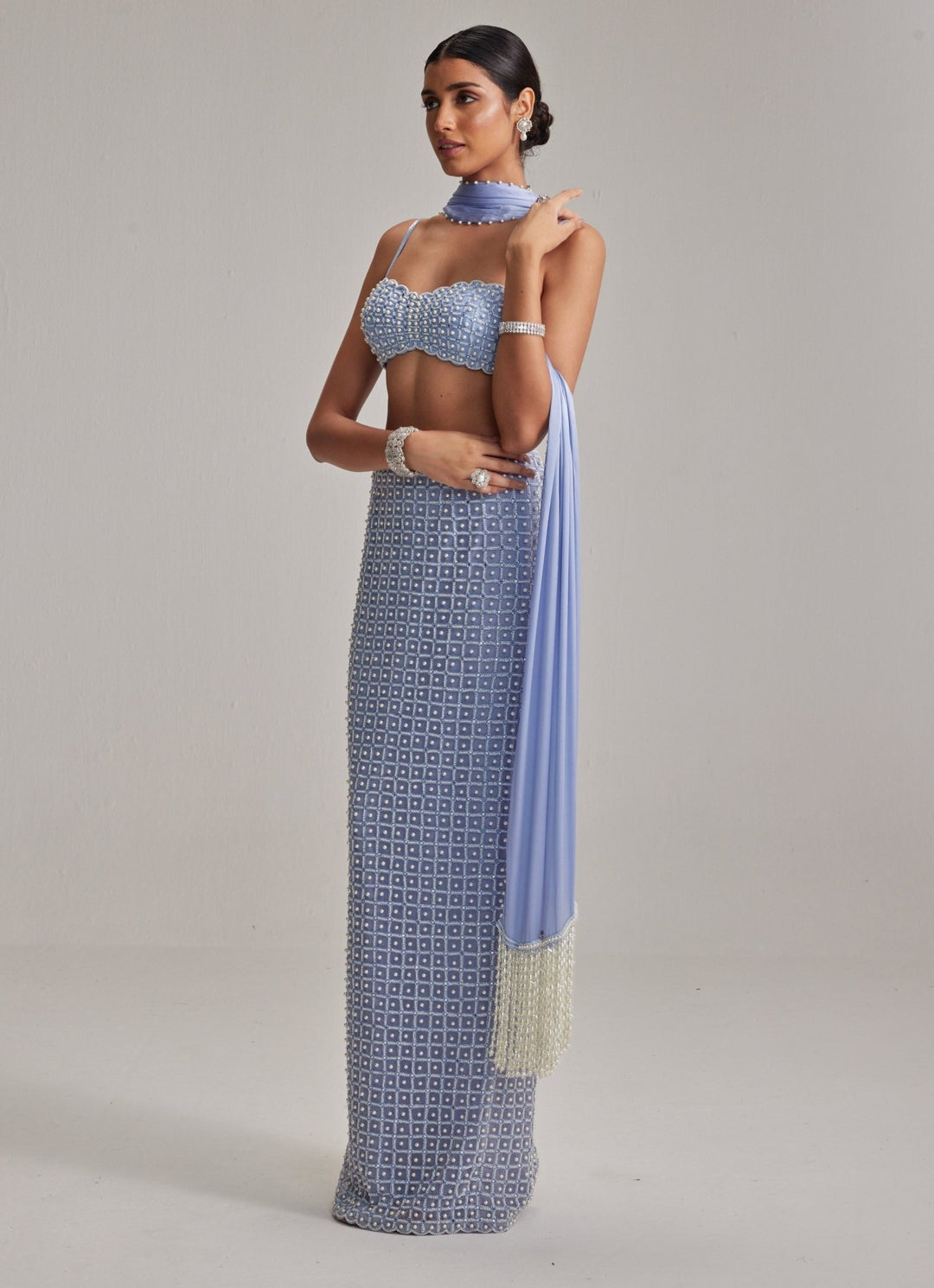 Dew Blue Pearl Embroidered Pencil Skirt Set Vvani by Vani Vats - Fabilicious Fashion