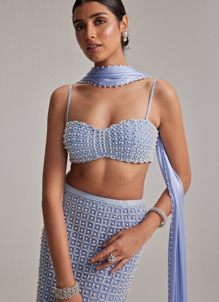 Dew Blue Pearl Embroidered Pencil Skirt Set Vvani by Vani Vats - Fabilicious Fashion