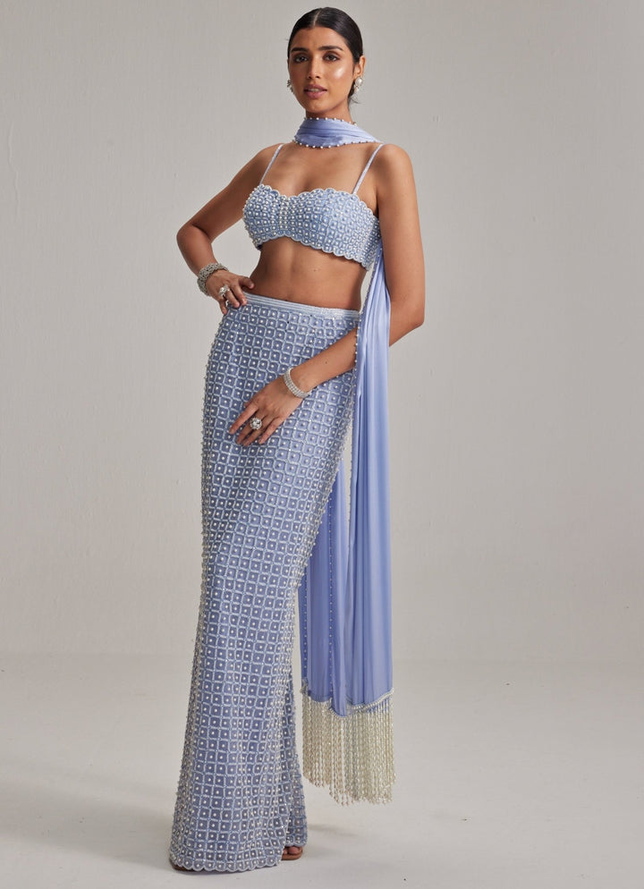 Dew Blue Pearl Embroidered Pencil Skirt Set Vvani by Vani Vats - Fabilicious Fashion