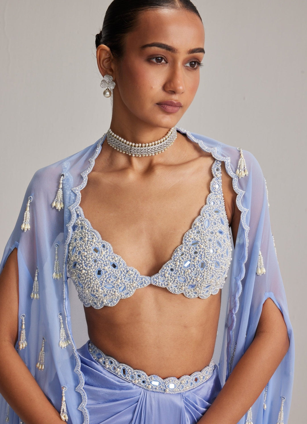 Vvani by Vani Vats Dew Blue Pearl Embroidered Satin Drape Skirt Set With CapeFabilicious Fashion