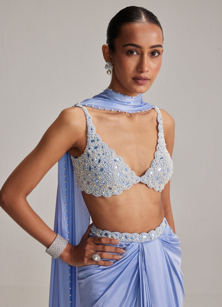 Vvani by Vani Vats Dew Blue Pearl Embroidered Satin Drape Skirt SetFabilicious Fashion