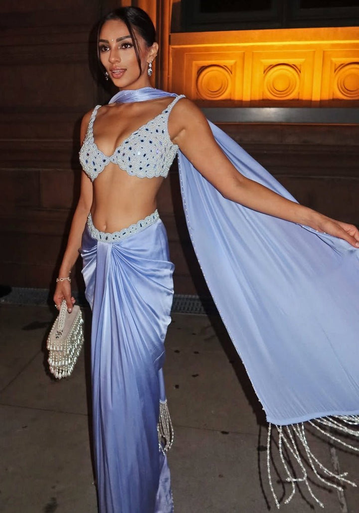 Dew Blue Pearl Embroidered Satin Drape Skirt Set Vvani by Vani Vats - Fabilicious Fashion