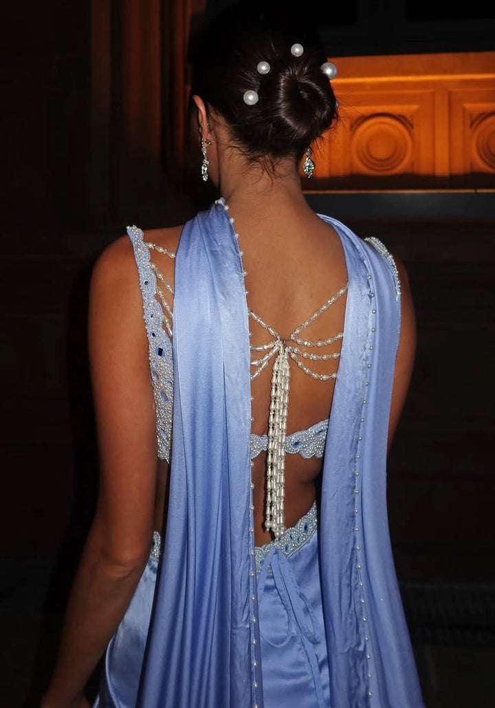 Dew Blue Pearl Embroidered Satin Drape Skirt Set Vvani by Vani Vats - Fabilicious Fashion