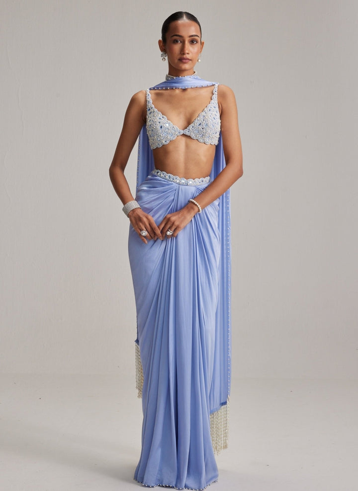Vvani by Vani Vats Dew Blue Pearl Embroidered Satin Drape Skirt SetFabilicious Fashion