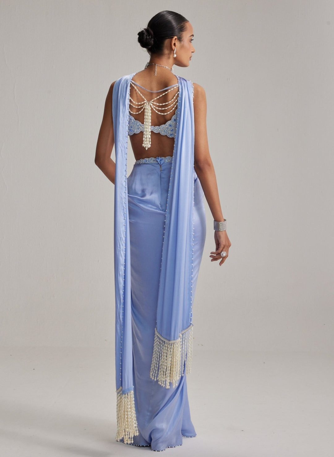 Vvani by Vani Vats Dew Blue Pearl Embroidered Satin Drape Skirt SetFabilicious Fashion