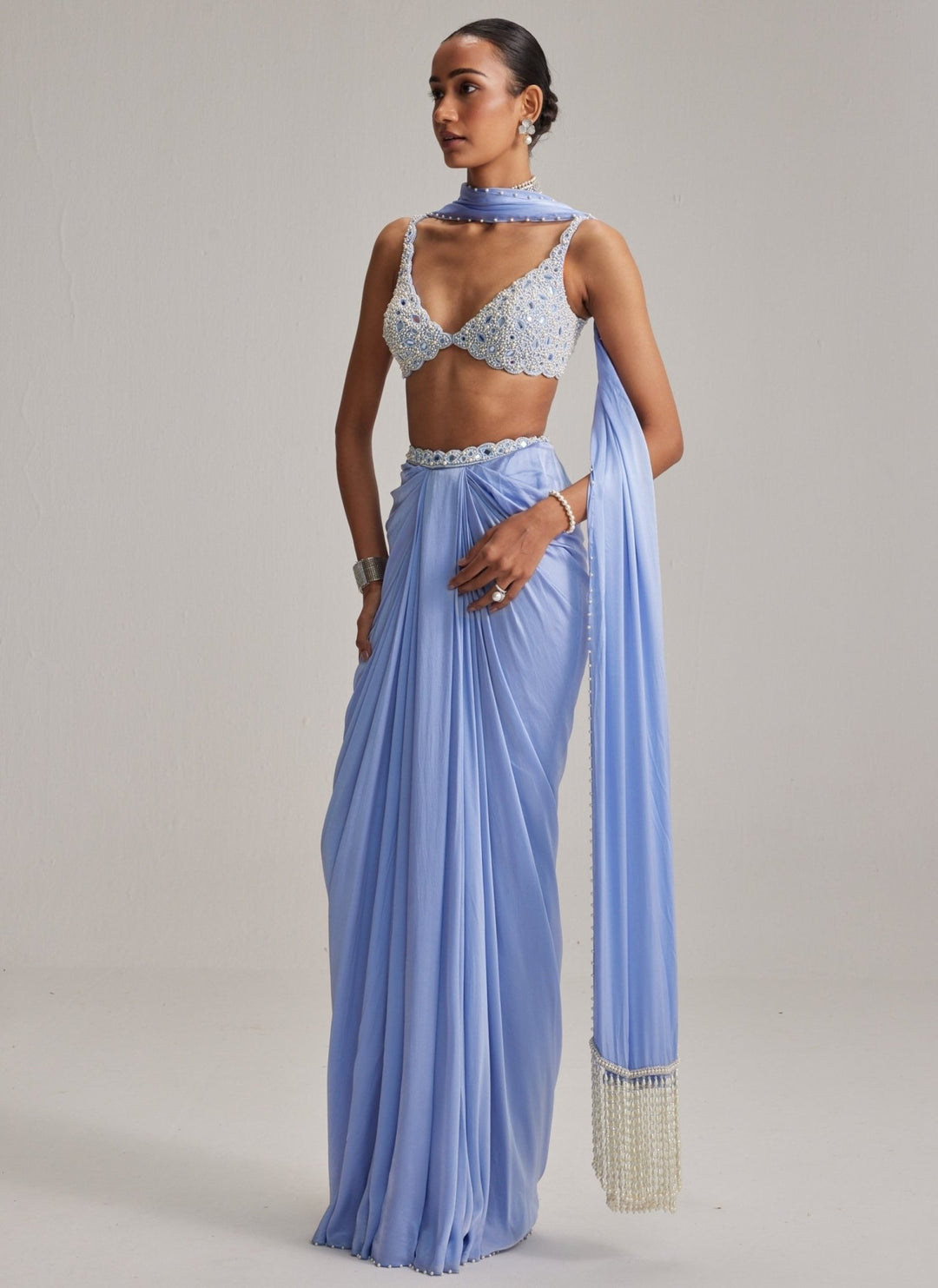 Vvani by Vani Vats Dew Blue Pearl Embroidered Satin Drape Skirt SetFabilicious Fashion