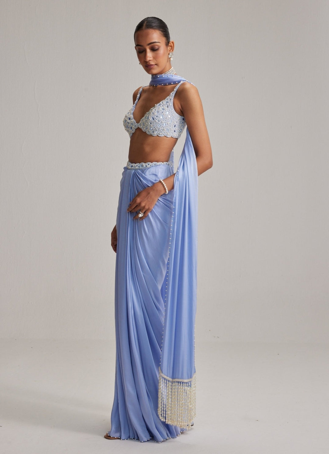 Vvani by Vani Vats Dew Blue Pearl Embroidered Satin Drape Skirt SetFabilicious Fashion