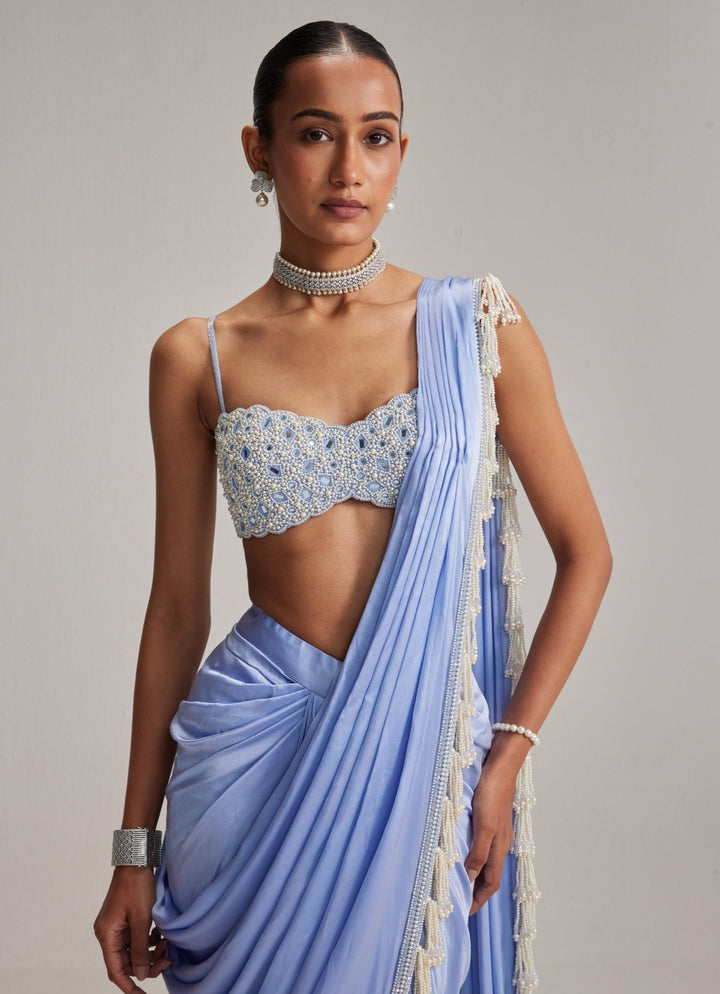 Vvani by Vani Vats Dew Blue Satin Pre Draped Saree With Pearl BlouseFabilicious Fashion