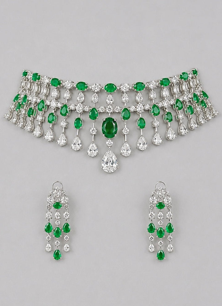 Zevar by Geeta Diamond And Emerald Stone Necklace SetFabilicious Fashion