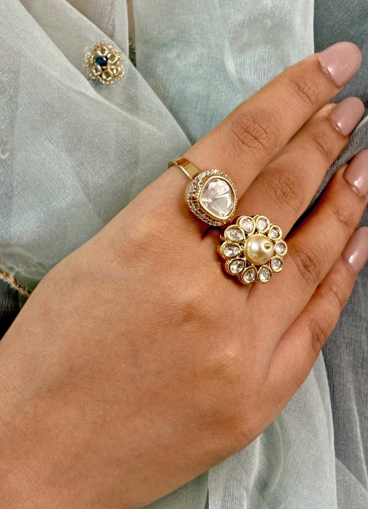 Naymee Double Finger Polki And Pearl RingFabilicious Fashion