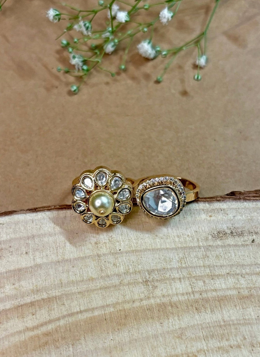 Naymee Double Finger Polki And Pearl RingFabilicious Fashion