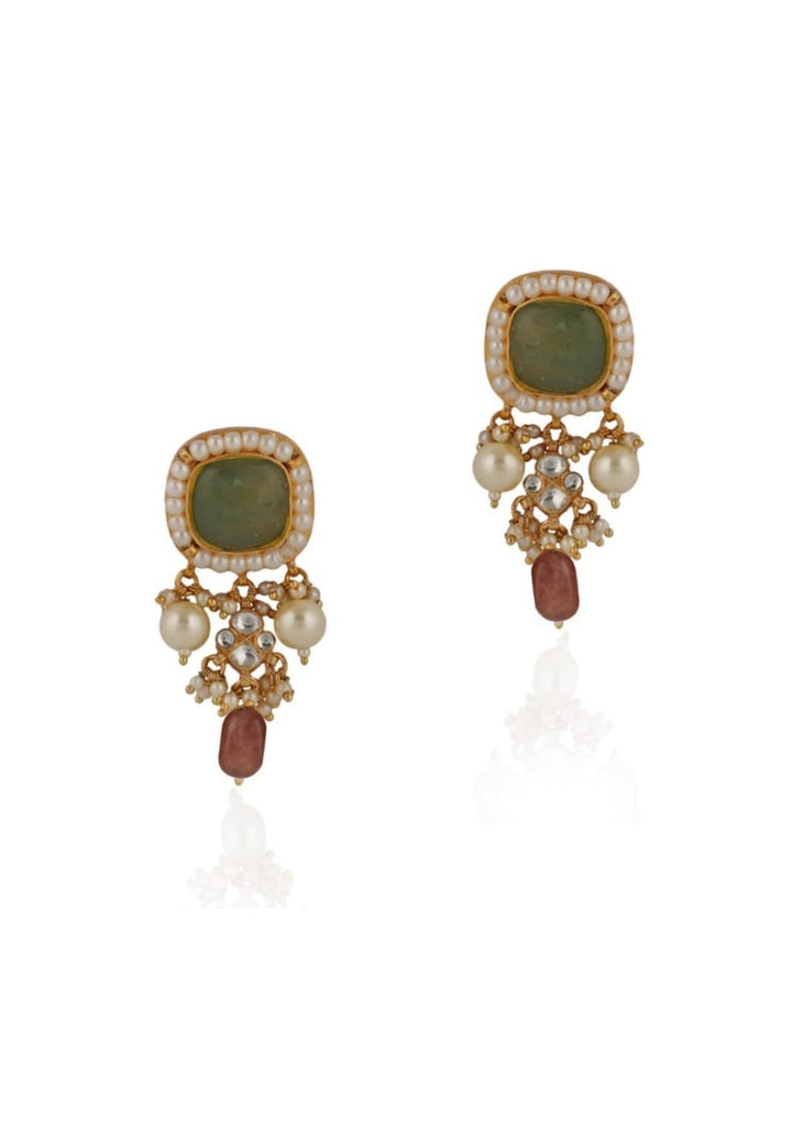 Double Layer White And Mint Green Jadtar Necklace Set With Pink Beads Riana Jewellery - Fabilicious Fashion