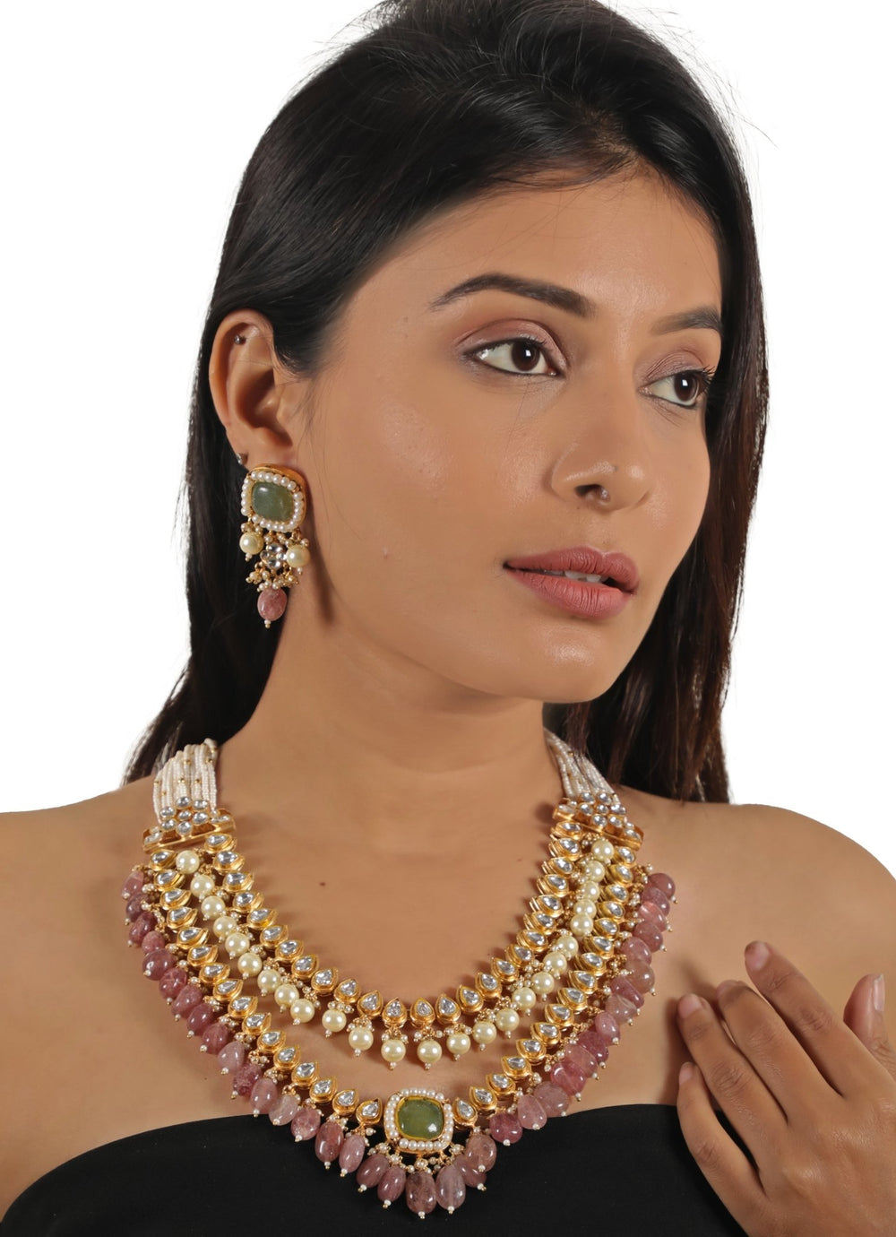 Double Layer White And Mint Green Jadtar Necklace Set With Pink Beads Riana Jewellery - Fabilicious Fashion
