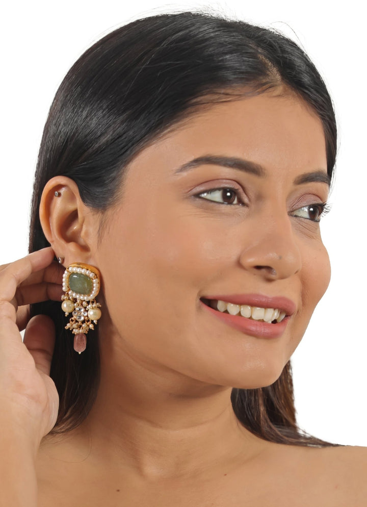 Double Layer White And Mint Green Jadtar Necklace Set With Pink Beads Riana Jewellery - Fabilicious Fashion