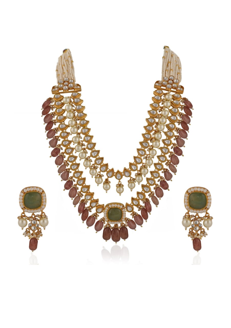 Double Layer White And Mint Green Jadtar Necklace Set With Pink Beads Riana Jewellery - Fabilicious Fashion