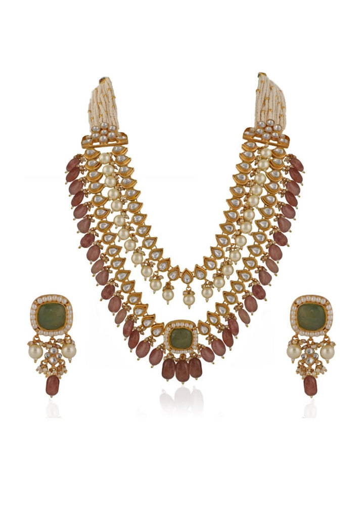 Double Layer White And Mint Green Jadtar Necklace Set With Pink Beads Riana Jewellery - Fabilicious Fashion