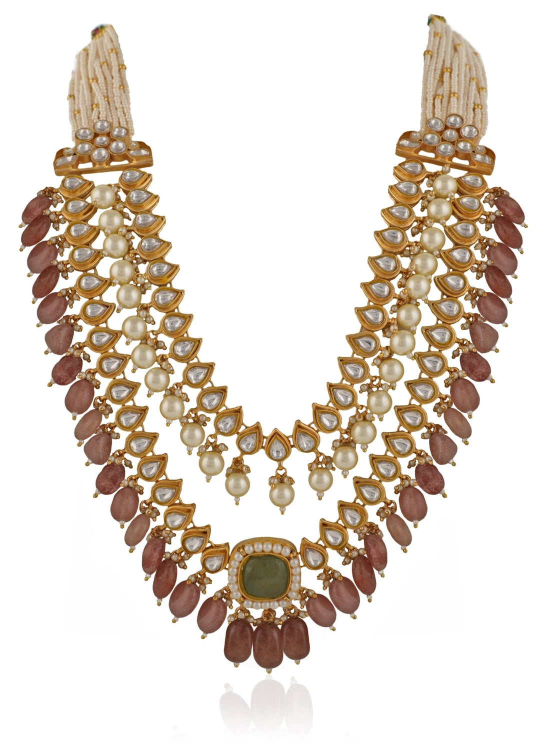 Double Layer White And Mint Green Jadtar Necklace Set With Pink Beads Riana Jewellery - Fabilicious Fashion