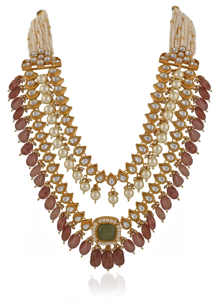 Double Layer White And Mint Green Jadtar Necklace Set With Pink Beads Riana Jewellery - Fabilicious Fashion