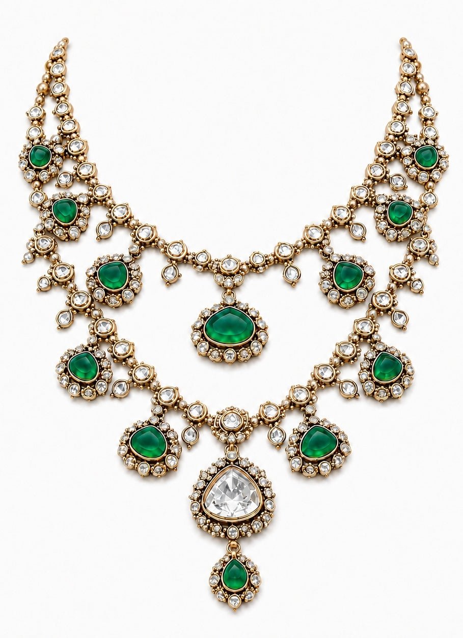 Vivinia By Vidhi Mehra Double-Layered Green Stone Kundan Statement NecklaceFabilicious Fashion