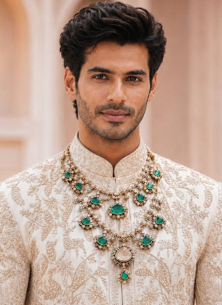 Vivinia By Vidhi Mehra Double-Layered Green Stone Kundan Statement NecklaceFabilicious Fashion