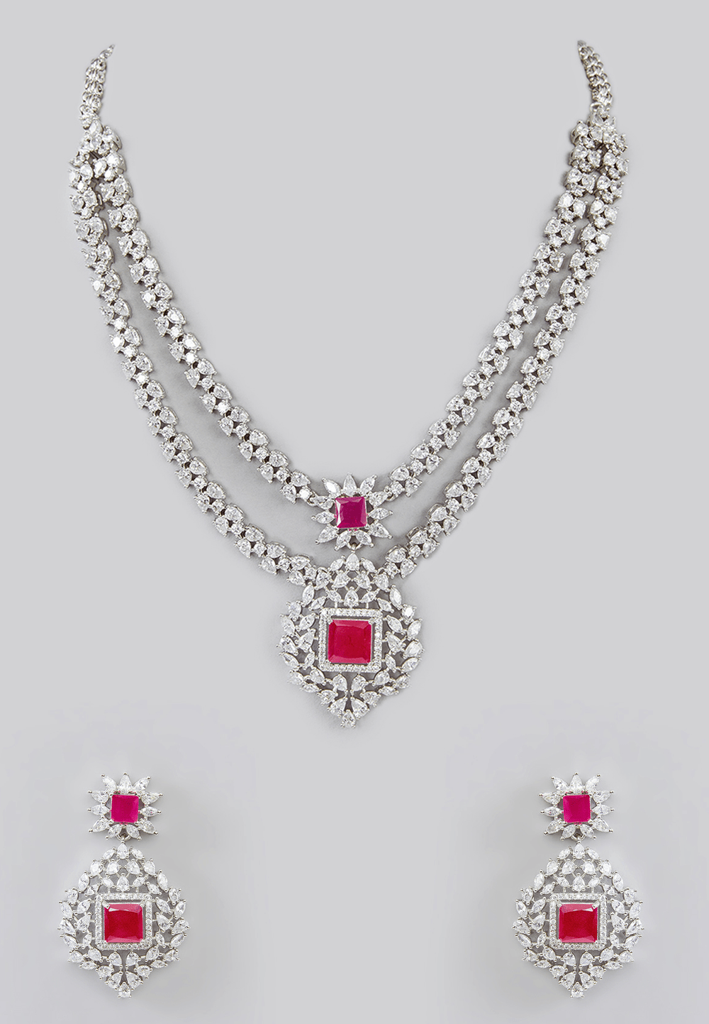 Double Layered Red Stone Faux Diamond Necklace Set Zevar by Geeta - Fabilicious Fashion