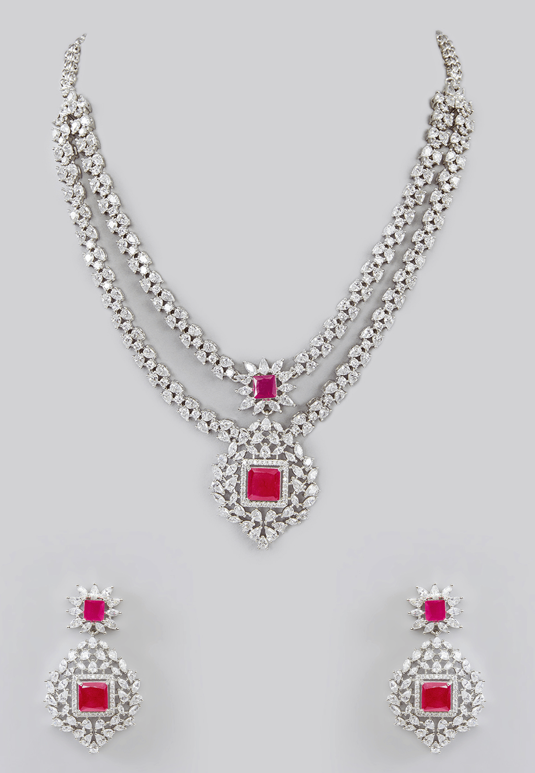 Double Layered Red Stone Faux Diamond Necklace Set Zevar by Geeta - Fabilicious Fashion
