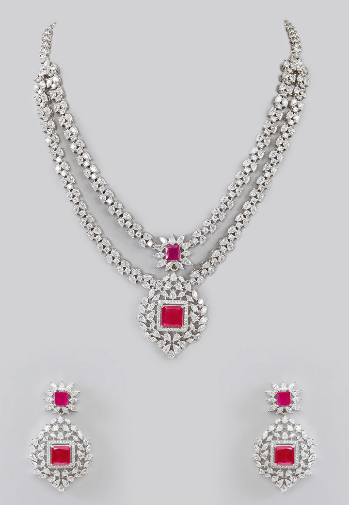 Double Layered Red Stone Faux Diamond Necklace Set - Zevar