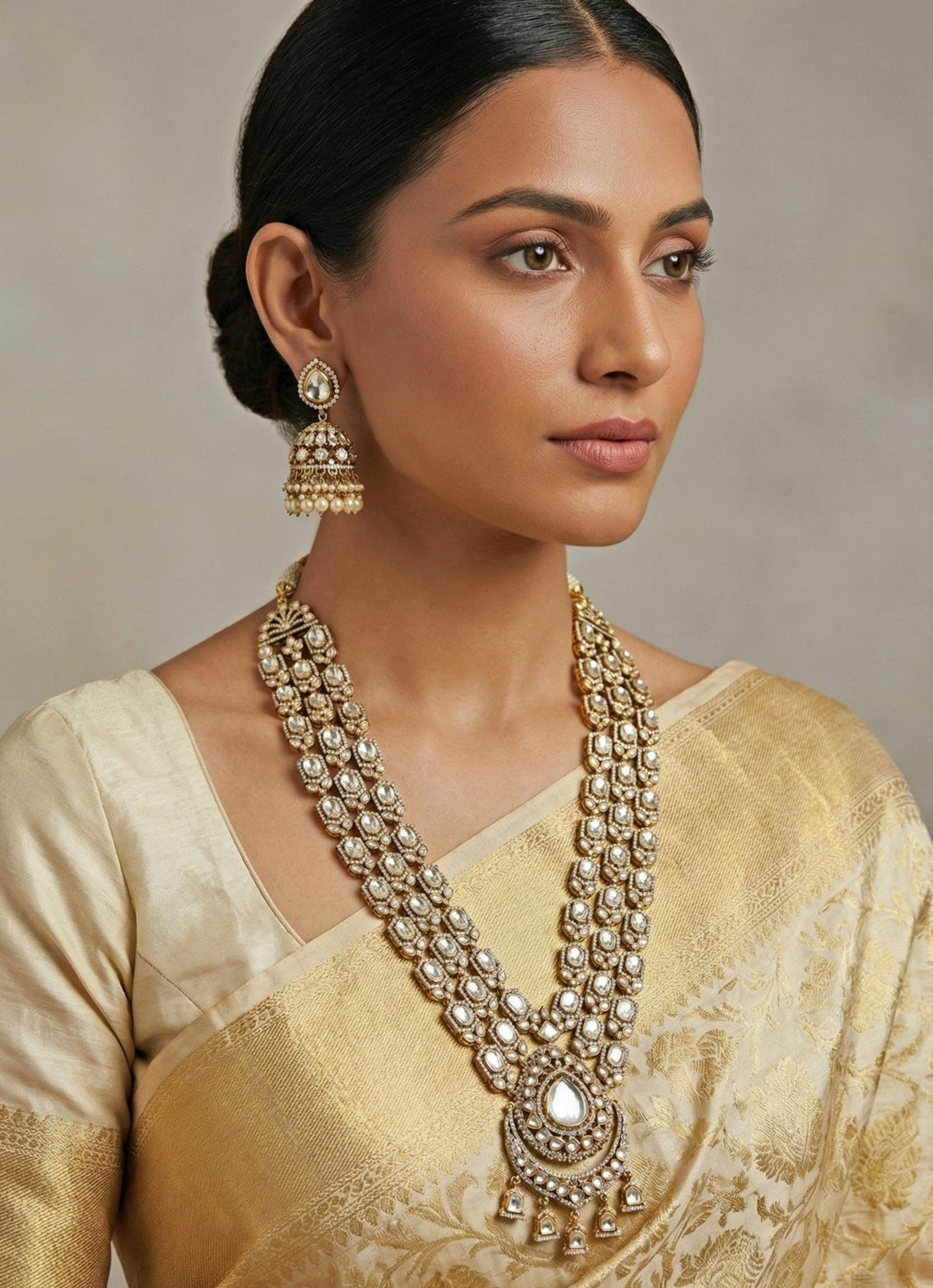 Zevar by Geeta Dual Tone 3 Layer Kundan Polki Long Necklace SetFabilicious Fashion