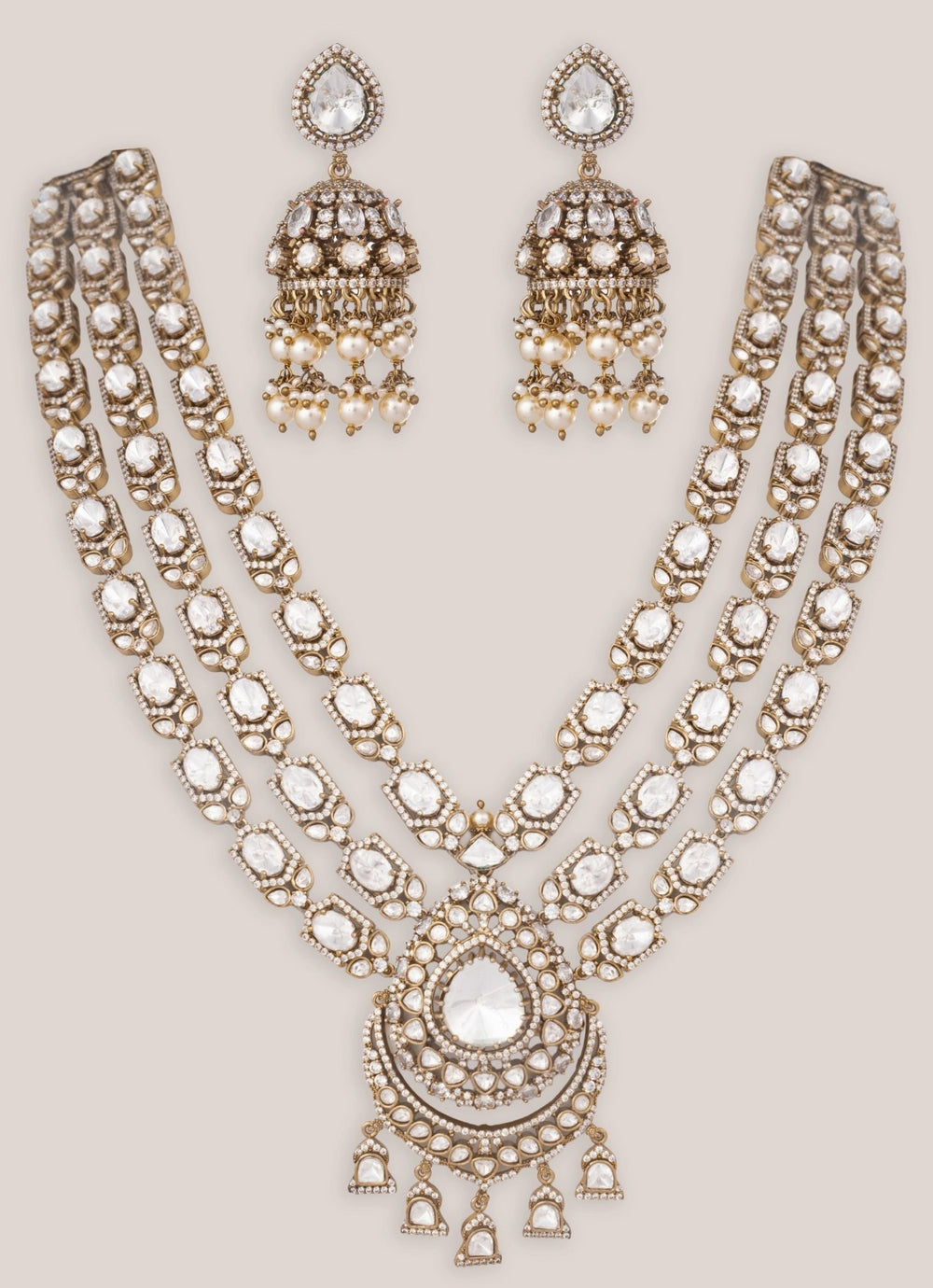 Zevar by Geeta Dual Tone 3 Layer Kundan Polki Long Necklace SetFabilicious Fashion