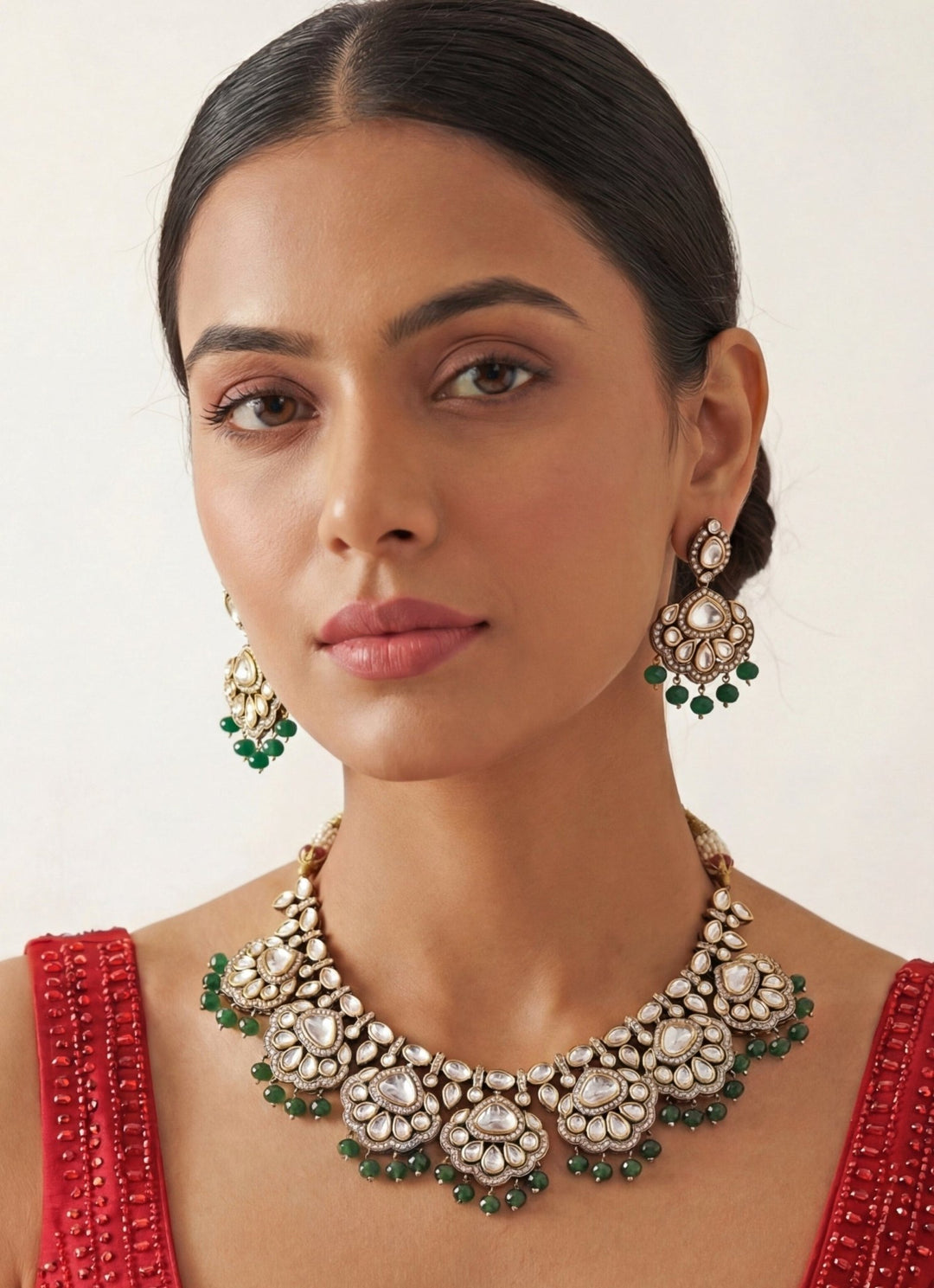 Zevar by Geeta Dual Tone And Green Pearls Necklace SetFabilicious Fashion