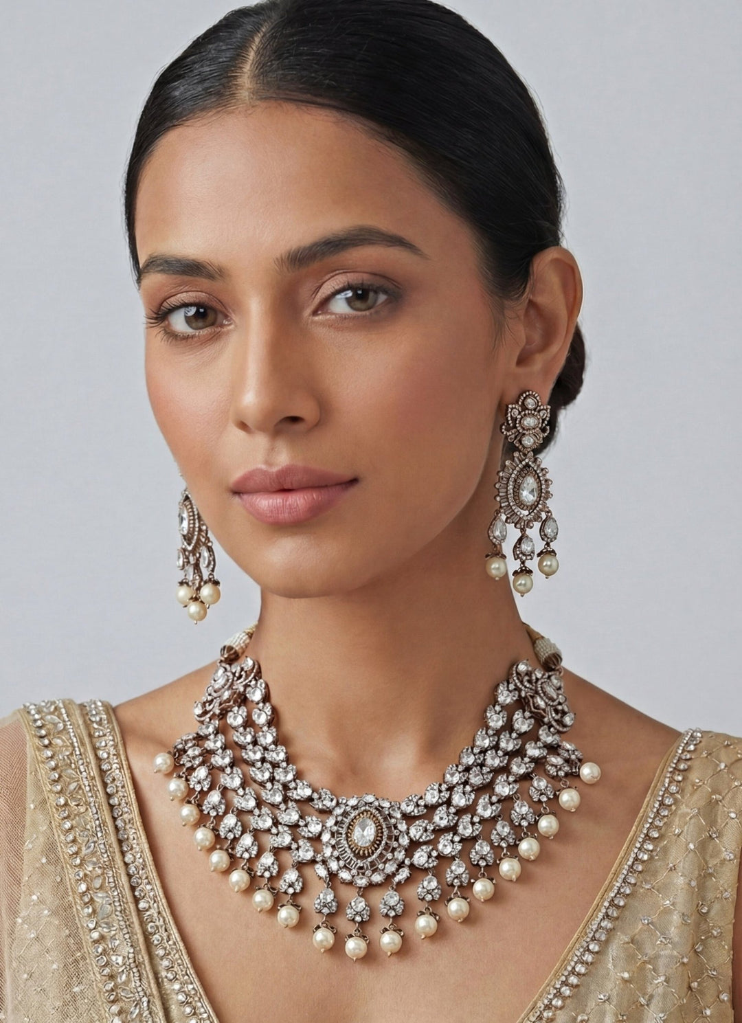 Zevar by Geeta Dual Tone And Green Stone Necklace Set With Pearl DropsFabilicious Fashion