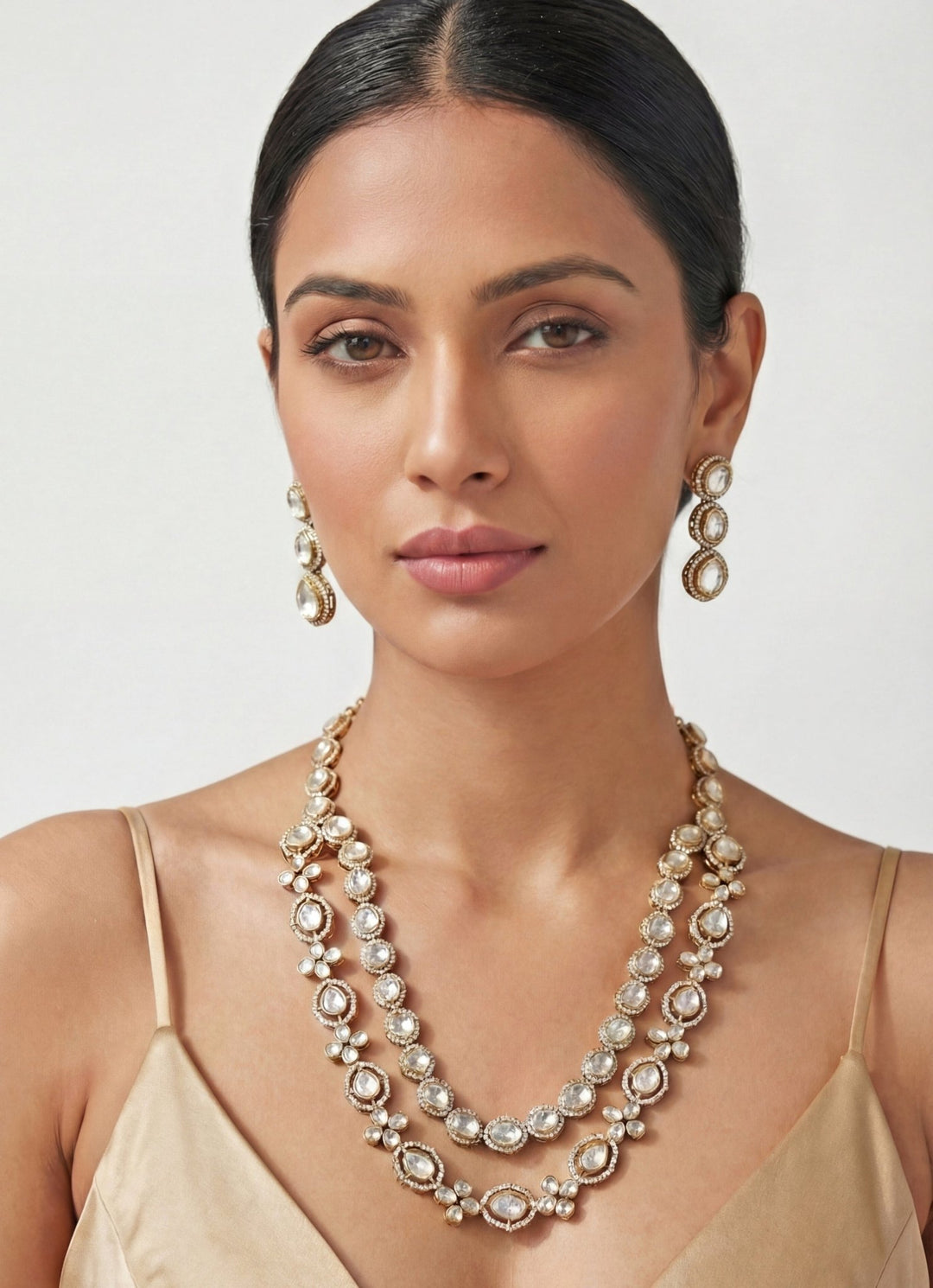 Zevar by Geeta Dual Tone Finish 2 Layer Champagne Stone Necklace SetFabilicious Fashion