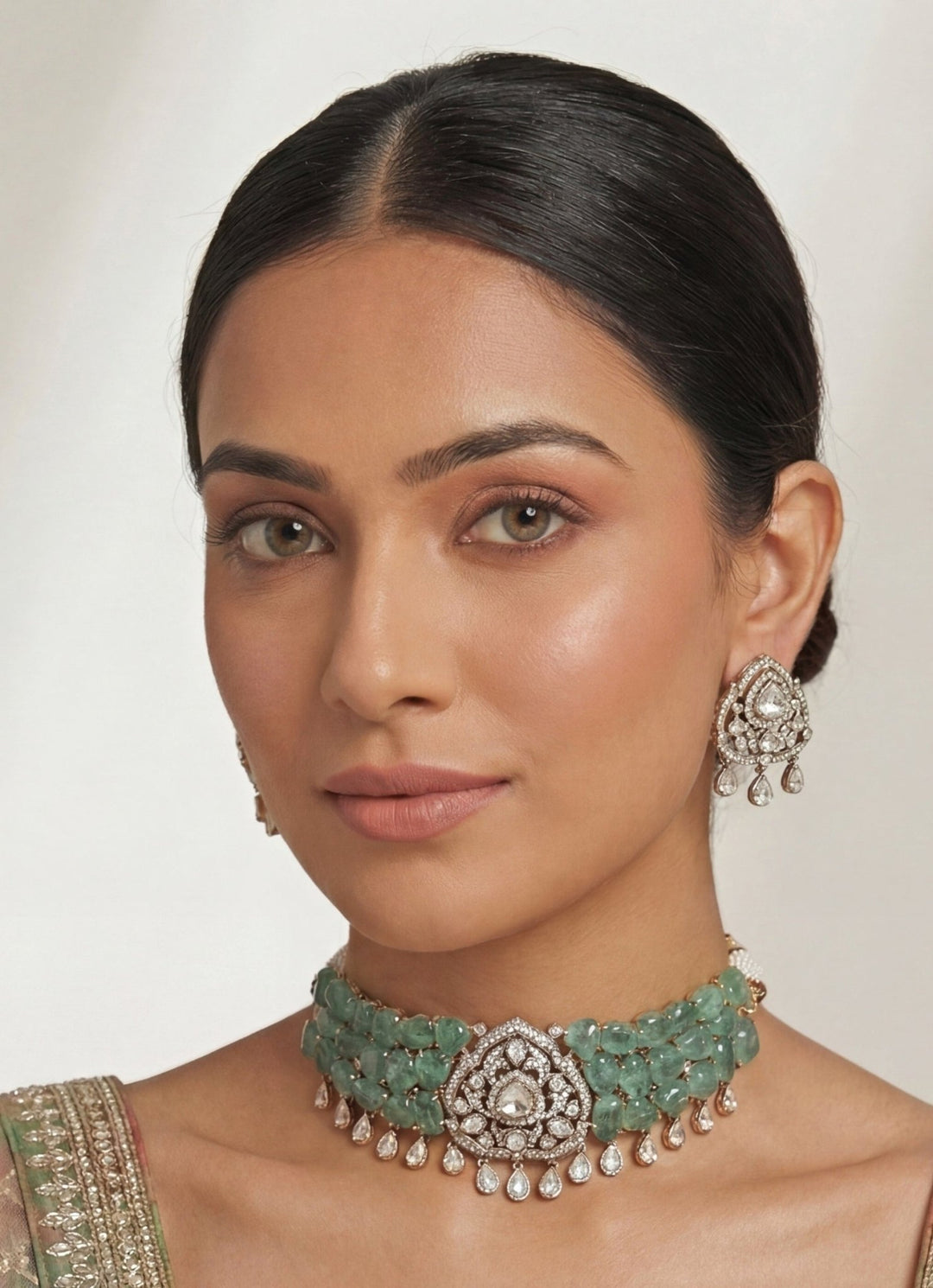 Zevar by Geeta Dual Tone Finish And Green Stone Necklace SetFabilicious Fashion