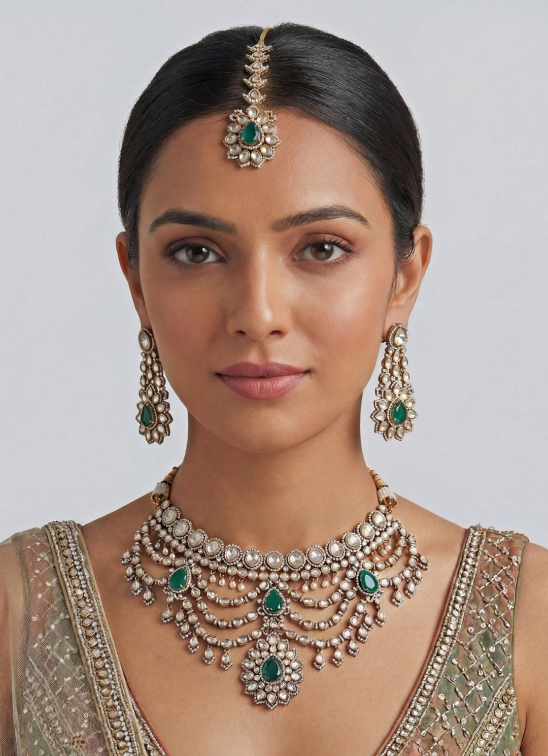 Dual Tone Finish Green Stone Bridal Necklace Set Zevar by Geeta - Fabilicious Fashion