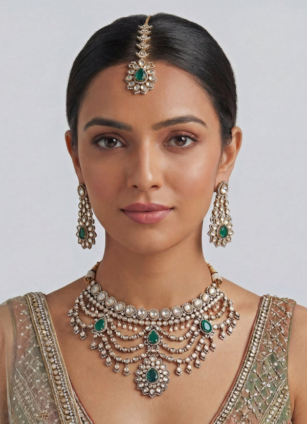 Dual Tone Finish Green Stone Bridal Necklace Set