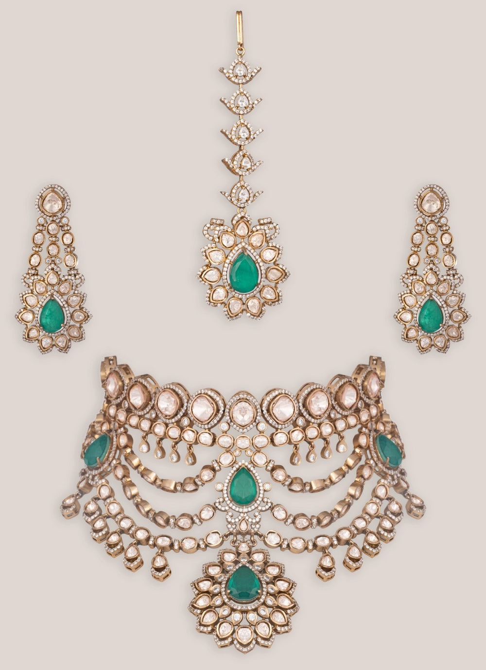 Dual Tone Finish Green Stone Bridal Necklace Set Zevar by Geeta - Fabilicious Fashion