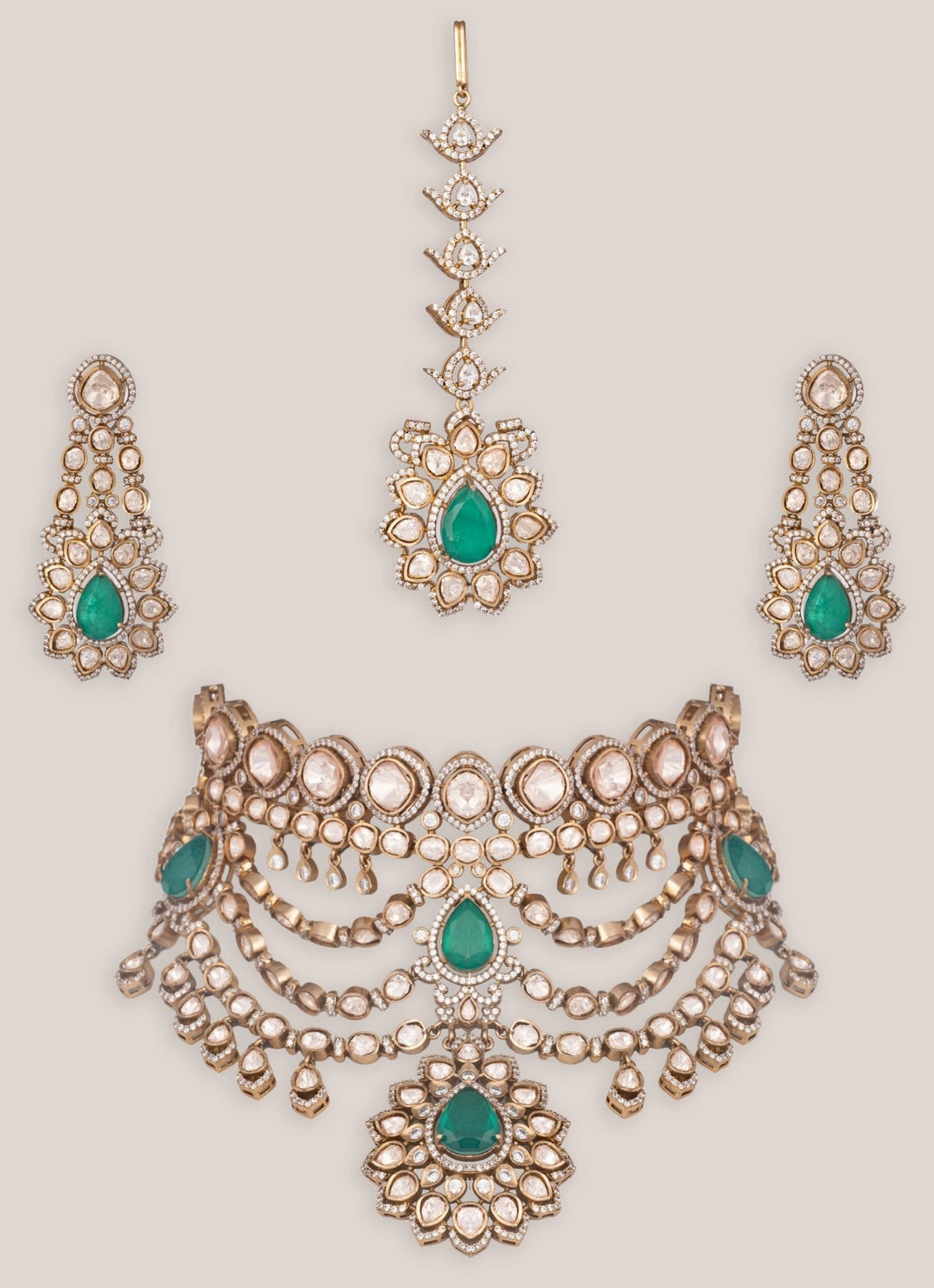 Dual Tone Finish Green Stone Bridal Necklace Set Zevar by Geeta - Fabilicious Fashion