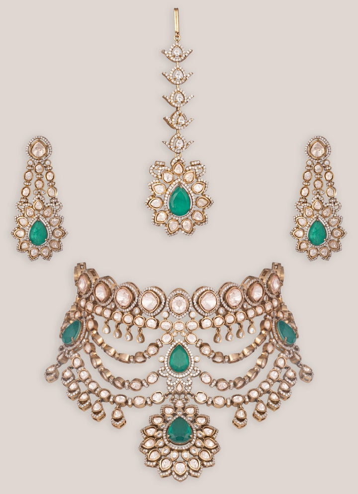 Dual Tone Finish Green Stone Bridal Necklace Set Zevar by Geeta - Fabilicious Fashion
