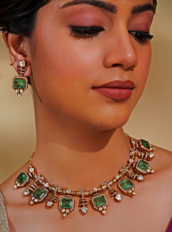 Dual - Tone Finish Kundan And Green Enamel Stone Necklace Set Zevar by Geeta - Fabilicious Fashion