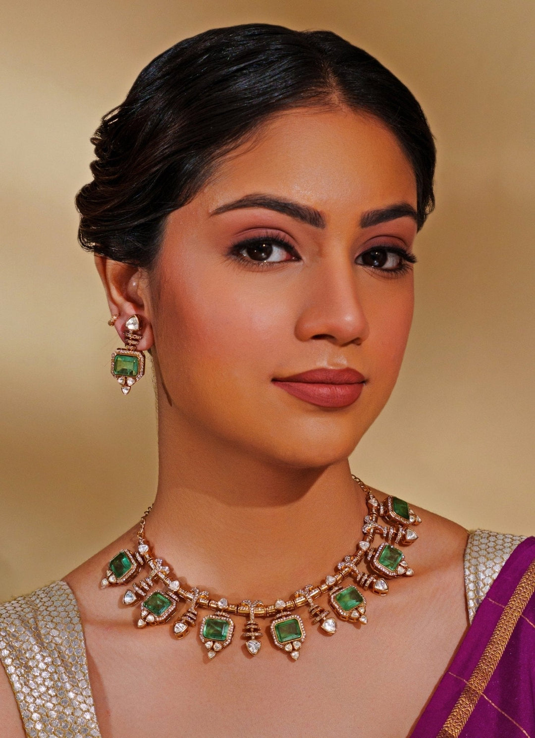 Dual - Tone Finish Kundan And Green Enamel Stone Necklace Set Zevar by Geeta - Fabilicious Fashion