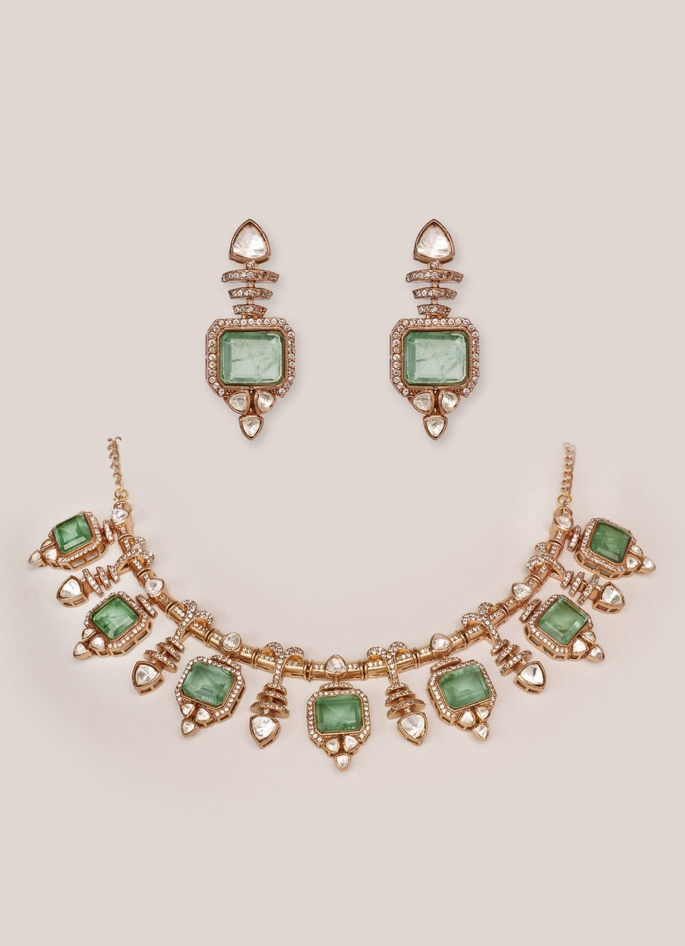 Dual - Tone Finish Kundan And Green Enamel Stone Necklace Set Zevar by Geeta - Fabilicious Fashion