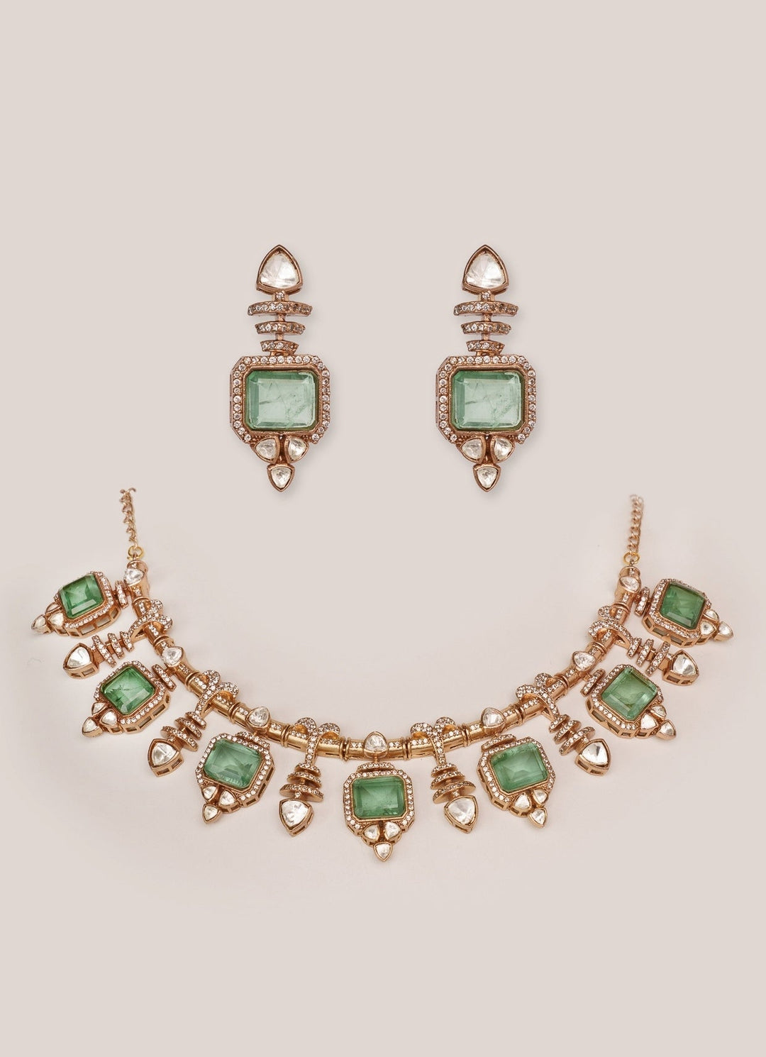 Dual - Tone Finish Kundan And Green Enamel Stone Necklace Set Zevar by Geeta - Fabilicious Fashion