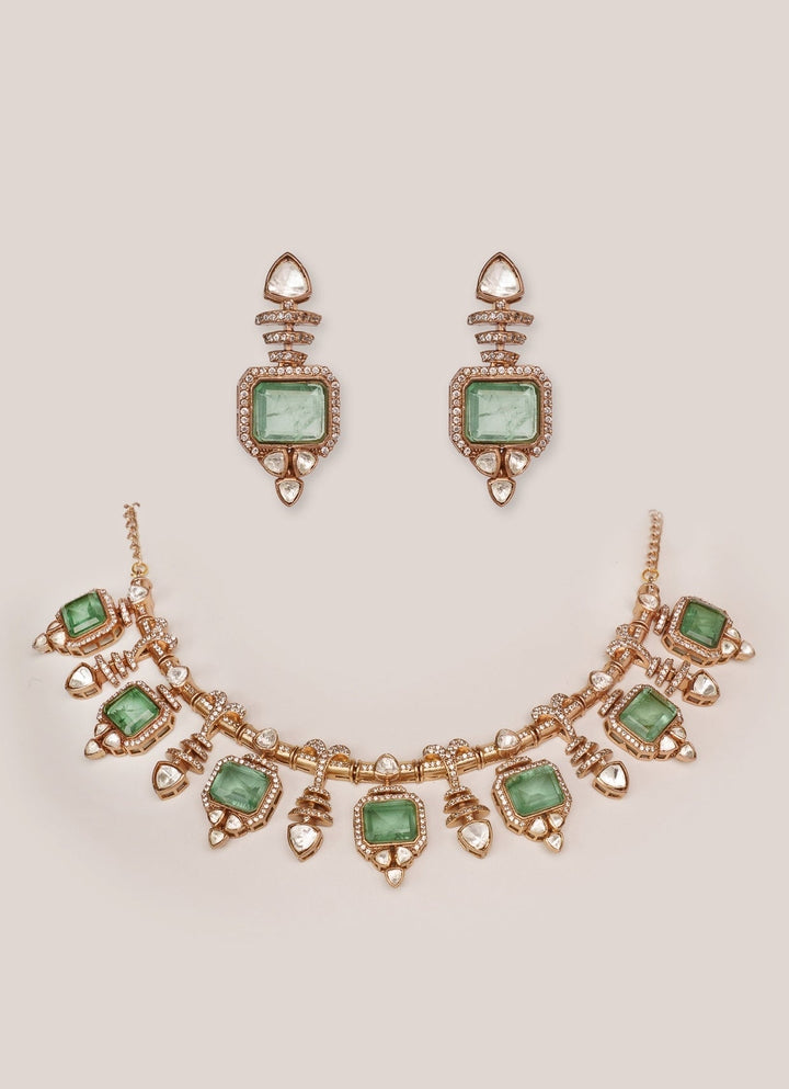 Dual - Tone Finish Kundan And Green Enamel Stone Necklace Set Zevar by Geeta - Fabilicious Fashion