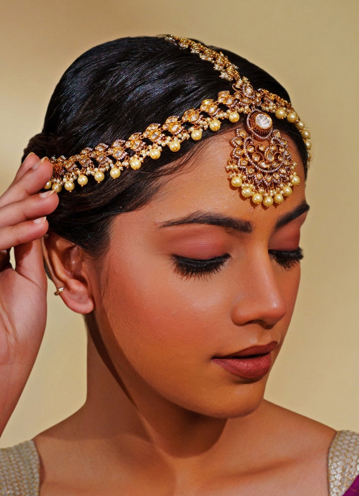 Dual Tone Finish Kundan And Pearl Polki Matha Patti Zevar by Geeta - Fabilicious Fashion