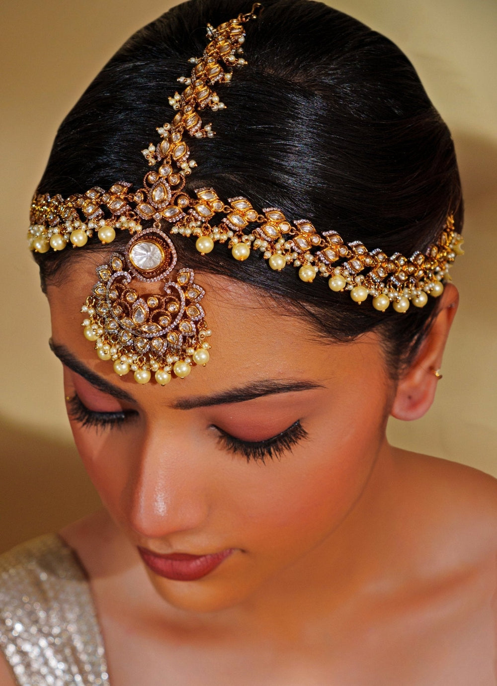 Dual Tone Finish Kundan And Pearl Polki Matha Patti Zevar by Geeta - Fabilicious Fashion