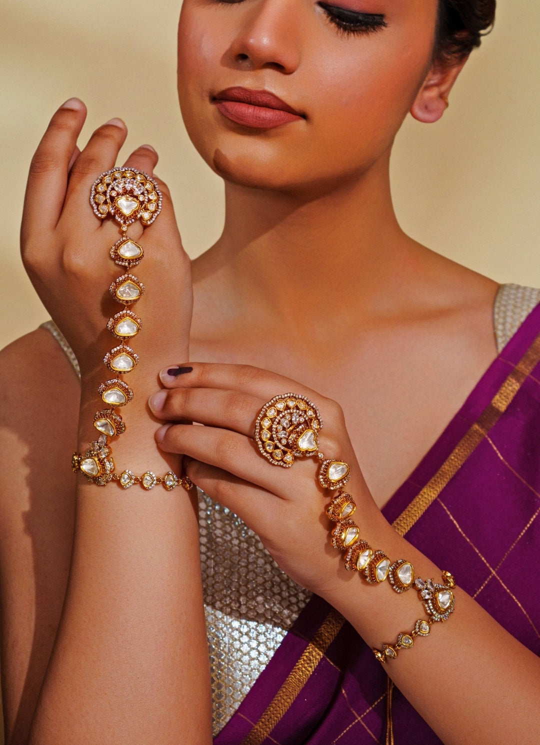 Dual Tone Finish Kundan Polki Hathphool Zevar by Geeta - Fabilicious Fashion